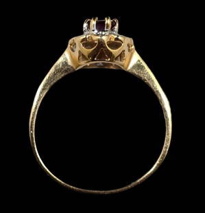 Vintage 14K Yellow Gold, Diamond & Ruby Ring: Very good vintage condition with minor wear according to age, please see pictures. The ring is a size 6 and weighs ca. 2 grams