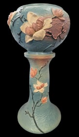 Large Vintage ROSEVILLE Art Pottery MAGNOLIA Blue Ceramic Planter on Pedestal