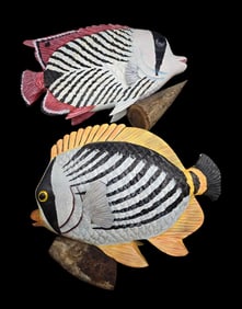 Pair of Unusual Vintage Chinese Wooden Fish Figurines