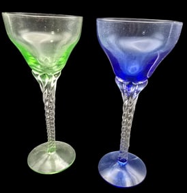 Pair of Vintage Moutblown Blue and Green Twisted Stem Wine Glasses
