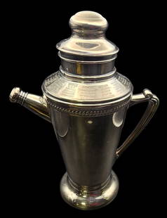 Antique Silverplate Cocktail Shaker: Very good vintage condition with minor patina according to age, please see pictures. Measures approx. 12" high x 9" wide (at the widest).