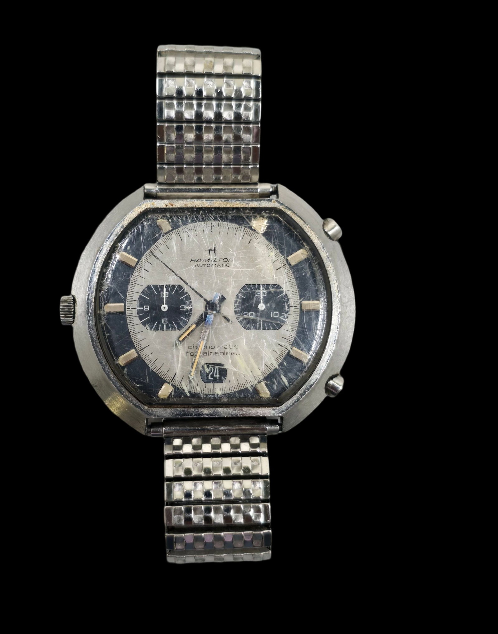 Vintage 1970s HAMILTON Chronomatic Fountainbleau Stainless Steel Strechable Men's Watch: Good vintage condition with wear according to age and use, please see pictures. Measures approx. 6" long (band) and weighs ca. 103 grams.