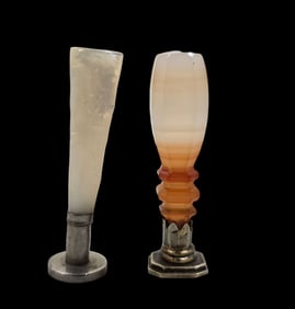 Pair of Antique European Wax Stamp Seals - Agate & Mother of Pearl Handles