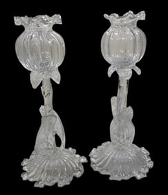 Unusual Pair of Vintage Signed Italian Murano Art Glass Floral Vases