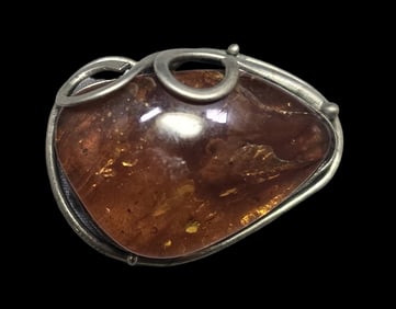 Very Unusual Vintage European 800 Silver & Baltic Amber Brooch Pin