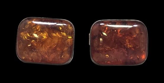 Beautiful Vintage Mid-Century Sterling Silver & Baltic Amber Cufflinks