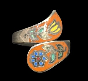 Delightful Vintage Filigree Sterling Silver & Colorful Flower Enamel Designer Ring