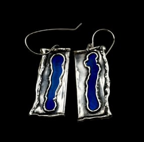 Stunning Vintage Sterling Silver & Blue Enamel Designer Earrings