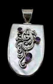 Very Unusual Vintage Sterling Silver, Amethyst & Mother of Pearl Designer Pendant