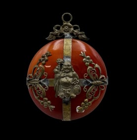 Very Unusual Vintage Buddhist Brass & Red Gemstone Pendant