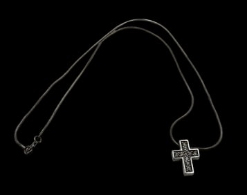 Vintage Sterling Silver & Rhinestone Religious Cross Pendant Necklace