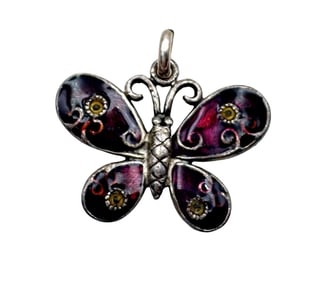 Stunning Vintage Sterling Silver & Red Enamel Butterfly Pendant