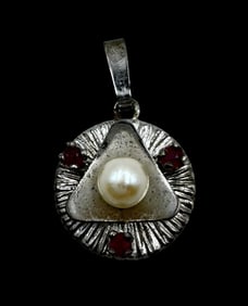 Exotic Vintage European 835 Silver, Pearl & Ruby Pendant