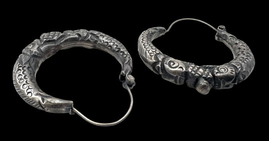 Ornate Vintage Sterling Silver Hoop Earrings