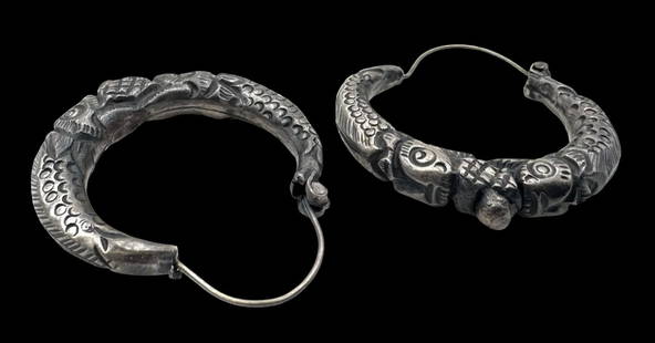 Ornate Vintage Sterling Silver Hoop Earrings: Very good vintage condition with minor patina according to age. Each measures approx. 1 2/8" in diameter x 2/8" thick and they jointly weigh ca. 5.4 grams. Marked for Sterling Silver. SHIPPING: We shi