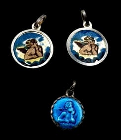 Charming Vintage Set of 3 Sterling Silver & Enamel Religious Pendant Charms