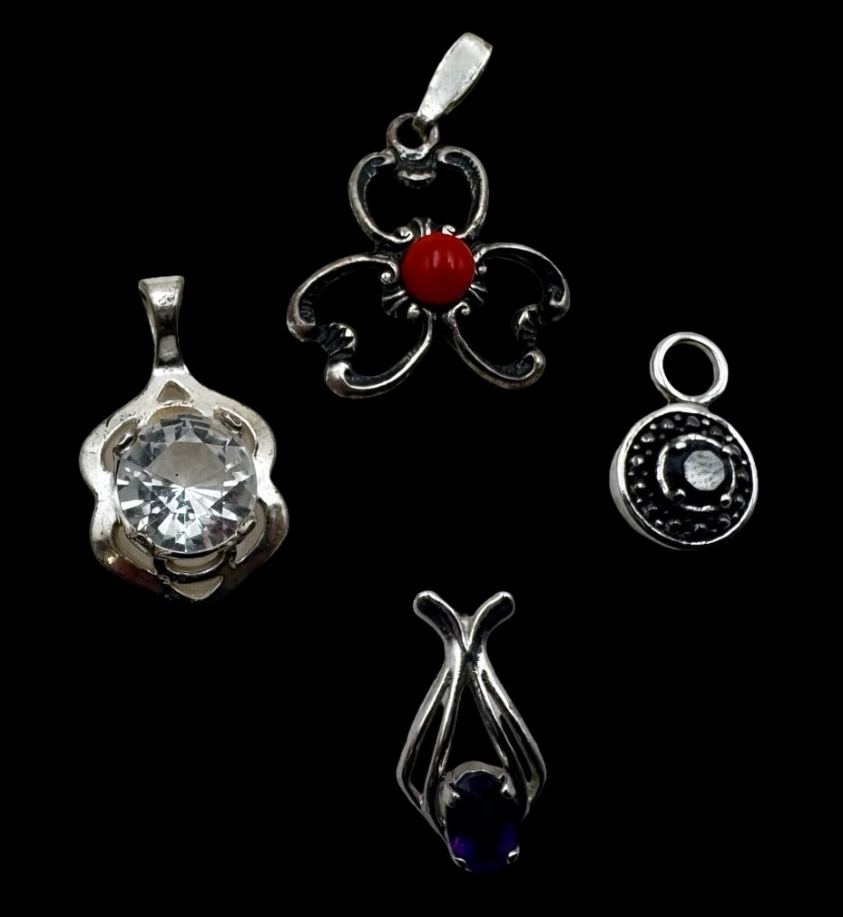 Lot of 4 Vintage Sterling Silver Pendant Charms: Very good vintage condition with minor patina according to age. The largest piece measures approx. 1" long x 3/4" wide they jointly weigh ca. 4.8 grams. Marked for Sterling Silver. SHIPPING: We ship i