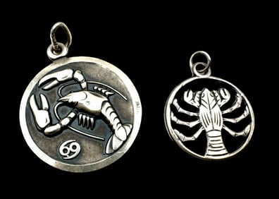 Pair of Vintage Sterling / 830 Silver Zodiac Pendants - Cancer