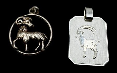 Pair of Vintage Sterling Silver Zodiac Pendant Charms - Capricorn