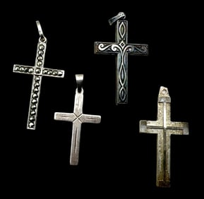 Lot of 4 Vintage European 835 / Sterling Silver Religious Cross Pendant