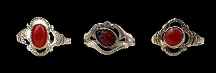 Lot of 3 Vintage ca. 1940 W. FREY & CO Germany 835 Silver & Coral Baby Rings