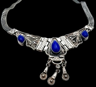 Very Unusual Handmade Vintage Sterling Silver & Lapis Lazuli Pendant Necklace