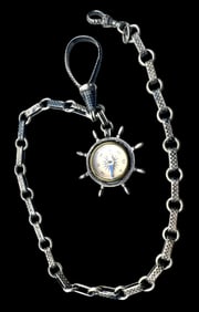 Rare Antique European 800 Niello Silver Pocket Watch Chain /w Compass Fob