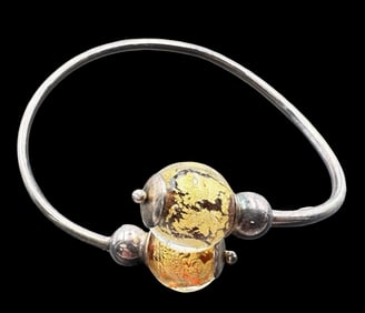Beautiful Vintage Sterling Silver & Murano Gold Leaf Art Glass Beads Bracelet