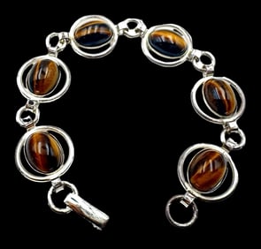 Vintage Mid-Century Modern Sterling Silver & Tiger's Eye Bracelet