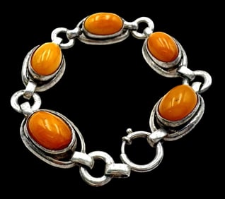 Vintage Mid-Century European 800 Silver & Baltic Butterscotch Amber Bracelet