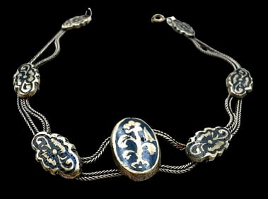 Antique European 800 Niello Silver Chain & Panel Bracelet