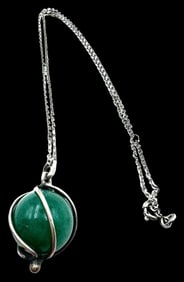 Unusual Vintage Mid-Century Modern European 800 Silver & Caged Green Gemstone Ball Pendant Necklace