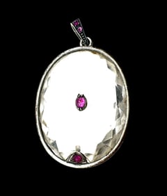 Rare Antique 800 Silver & Rock Crystal Pendant Necklace /w Inlaid Rubies