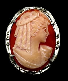 Vintage European 800 Silver Shell Cameo Pendant Brooch