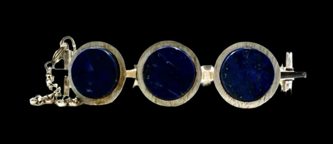 Very Unusual Vintage Mid-Century Modern Sterling Silver & Lapis Lazuli Bracelet