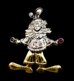 Vintage Two-Tone Gilt Sterling Silver Clown Pendant Charm /w Gemstones in the Hands & Head