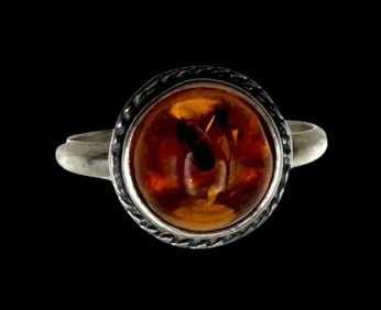 Vintage Mid-Century Modern Sterling Silver & Amber Ring