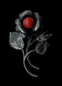 Vintage Sterling Silver & Red Coral Rose Brooch