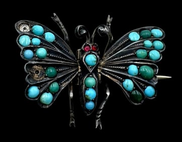 Rare Antique Victorian European 800 Silver & Gemstone Butterfly Brooch /w Moving Wings