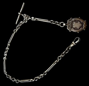 Antique Sterling Silver Pocket Watch Chain /w Crest Shaped Fob