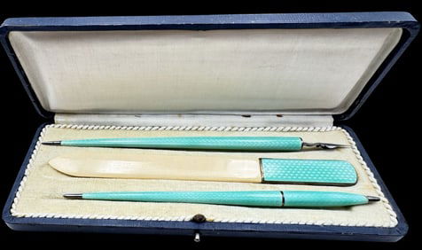 Antique European 800 Silver Guilloche Enamel Writing Set in Orginal Box