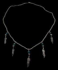 Vintage Native American Sterling Silver & Gemstone Feather Pendant Necklace