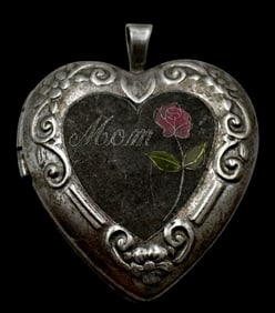 Vintage Sterling Silver & Enamel Heart "Mom" Picture Locket Pendant Charm