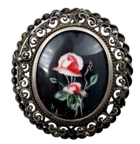 Elegant Antique European 800 Silver Hand Painted Roses Brooch Pendant