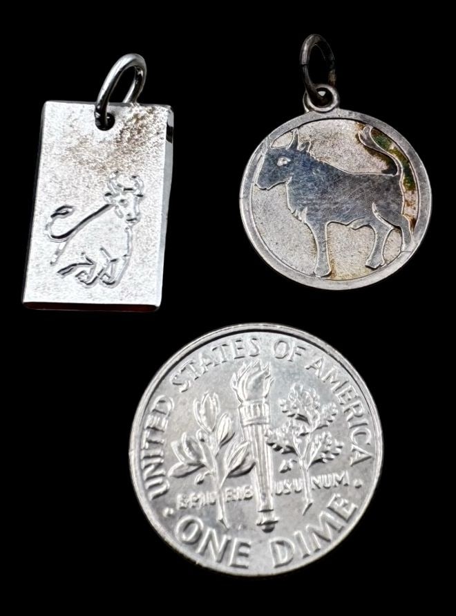 Lot of 2 Vintage Sterling Silver Zodiac Sign Pendant Charms - Taurus (1 of 2)