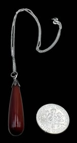 Vintage Sterling Silver & Red Gemstone Drop Pendant Necklace