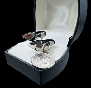 Vintage TM LEWIN Silver Metal, Enamel & Rhinestone Cufflinks