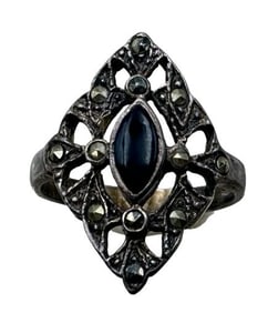 Vintage Sterling Silver, Marcasite & Black Onyx Ring
