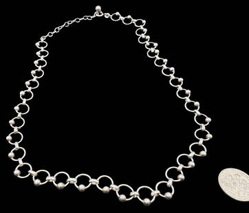 Unusual Vintage Mid-Century Modern European 800 Silver Chain & Ball Necklace: Very good vintage condition with minor patina according to age. Measures approx. 18" long x 2/8" wide and weighs ca. 15.4