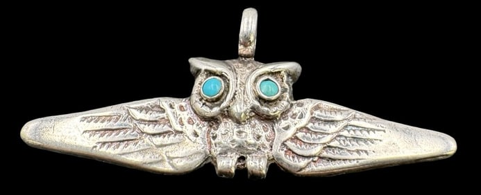 Vintage Sterling Silver Owl & Turquoise Eyes Pendant